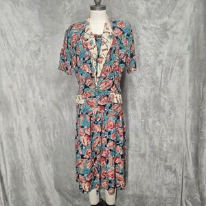 Vtg Designs of California Floral Blazer Midi‎ Skirt Set Retro Button Women M